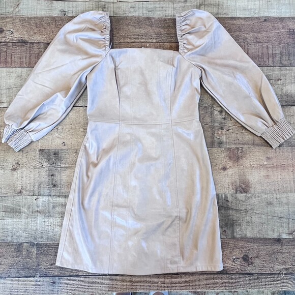 7 for All Mankind Tan Faux Leather Mini Dress Square Neck Long Sleeves NEW NWT - Picture 7 of 7